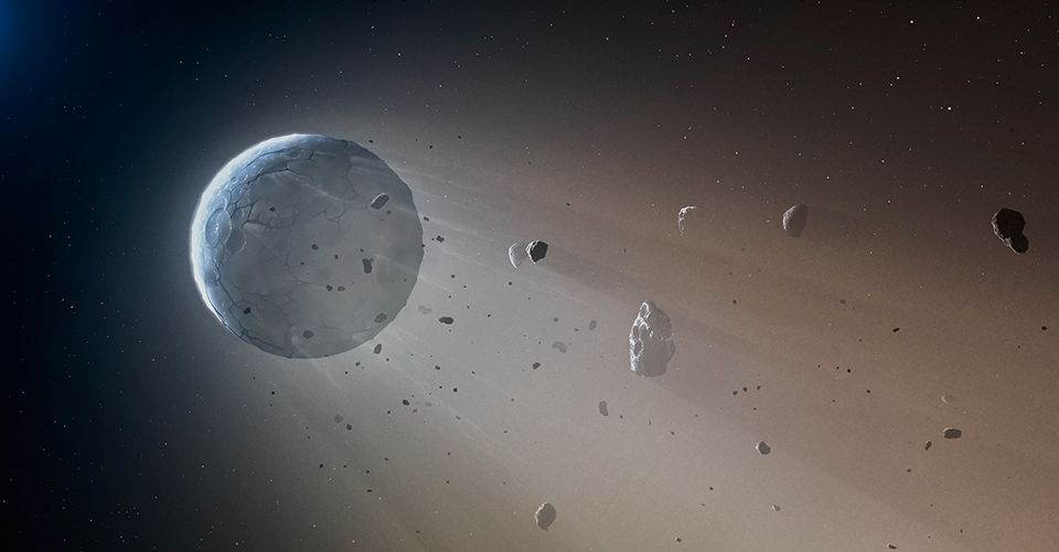 Planet and asteroids in space